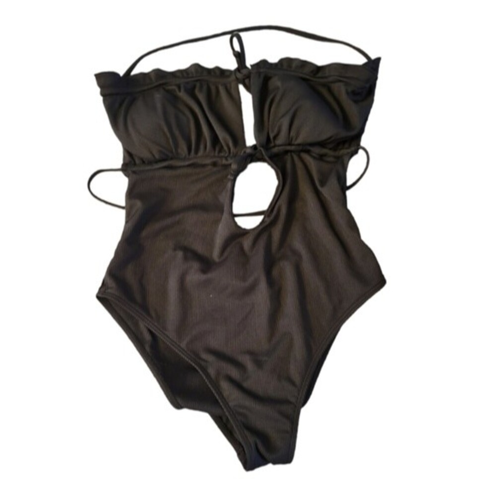 Romwe Black Strappy Ribbed Cutout One Piece Swimsuit Size Large